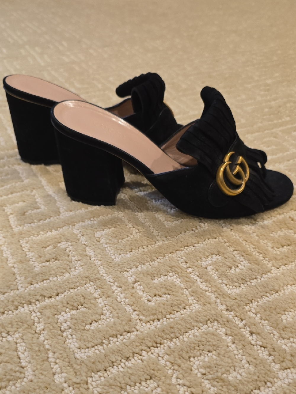 Gucci Black Suede Fringe Mules with Gold Double G, Size 38 - Picture 9 of 12